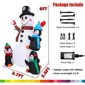 6FT Christmas Inflatables Snowman with Three Penguins, with LED